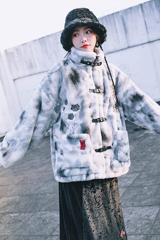 Eccentric House "Yinhu" imitation rabbit plush fur jacket women's winter new Chinese embroidered coat with a stand-up collar and thickened top