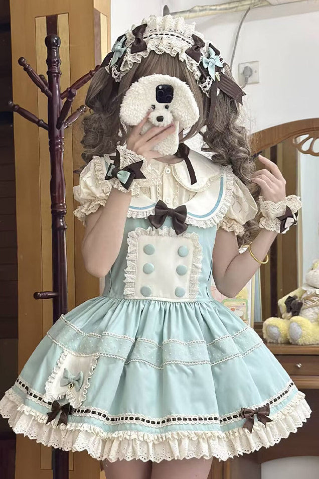 【Pre-order item】Chocolate Mint Sailor Collar Girly Maid Dress + Cake Hat