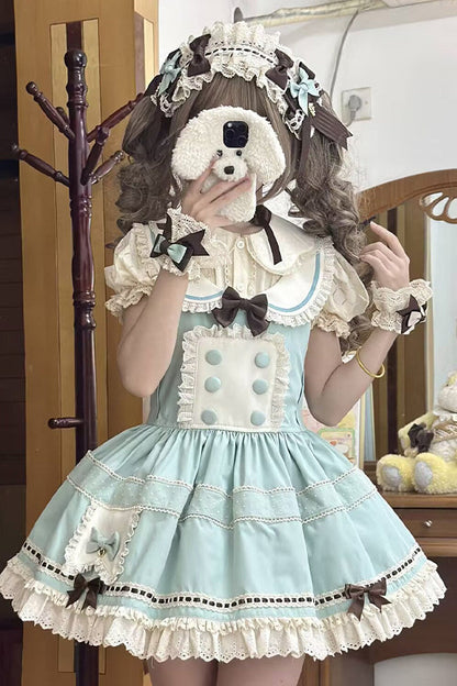 【Pre-order item】Chocolate Mint Sailor Collar Girly Maid Dress + Cake Hat
