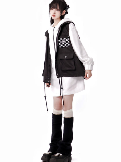 Dark Island Black White Coloured Block Fluffy Fleece Jacket Vest Pants Suit