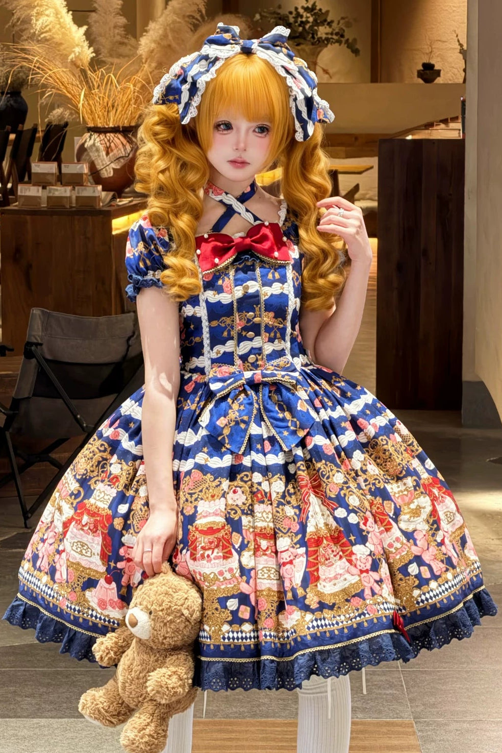 【4月26日予約締切】レトロロマンスイートロリータリボンケーキプリントホルターネックドレス