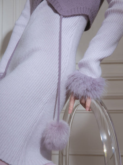 Purple Fur Knit Dress + Knit Short Vest