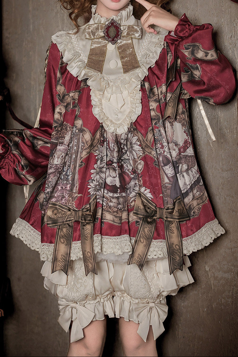 【11月3日予約締切】Antique Bow Burgundy Rabbit Print Frill Doll Dress + Shorts Set