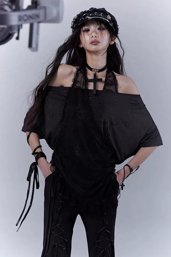 シアーオフショルレースハルタートップス