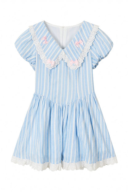 Lace Ribbon Blue Striped Dress