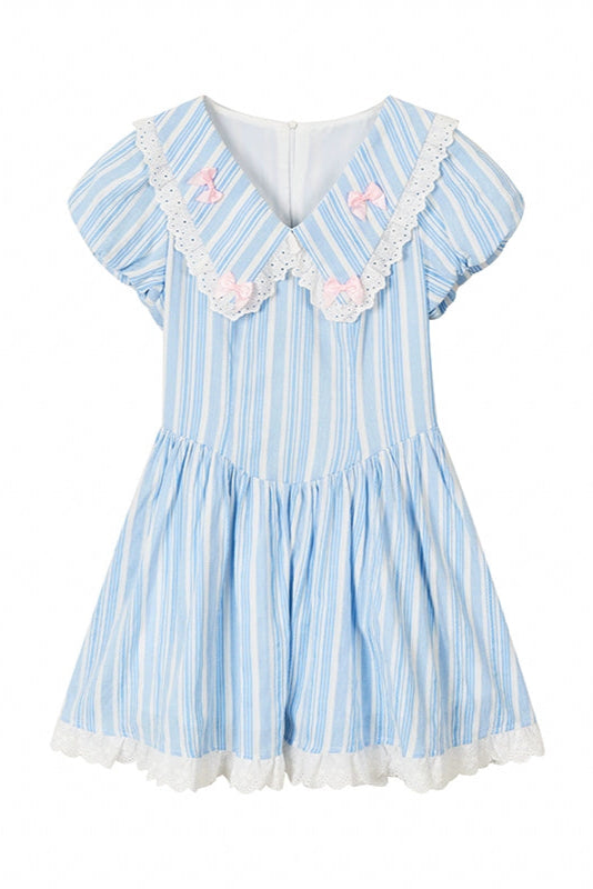 Lace Ribbon Blue Striped Dress