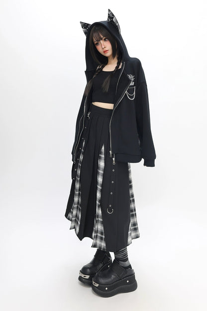 キャットフリースダブルジッパーフードパーカー