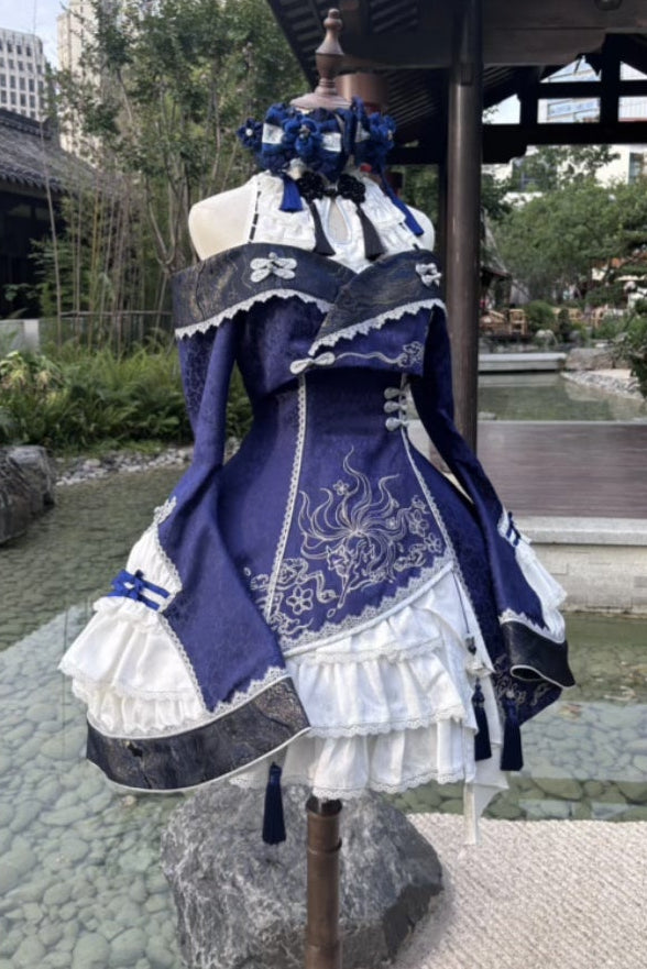 [Reservierungsschluss am 9. Oktober] Dunkelblau-weißes Gothic-Chinese-Lolita-Kleid mit Stickerei eines neunschwänzigen Fuchses + schulterfreie Jacke mit Glockenärmeln im Set