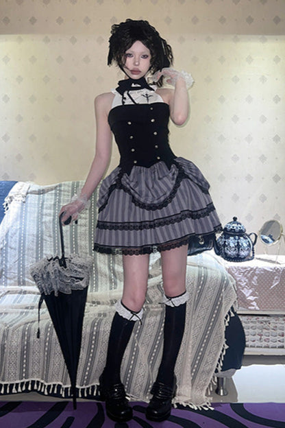 Striped gothic skirt + asymmetrical fitted jacket + jumper skirt