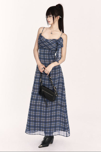 Chic French Resort Plaid Halter Maxi Dress