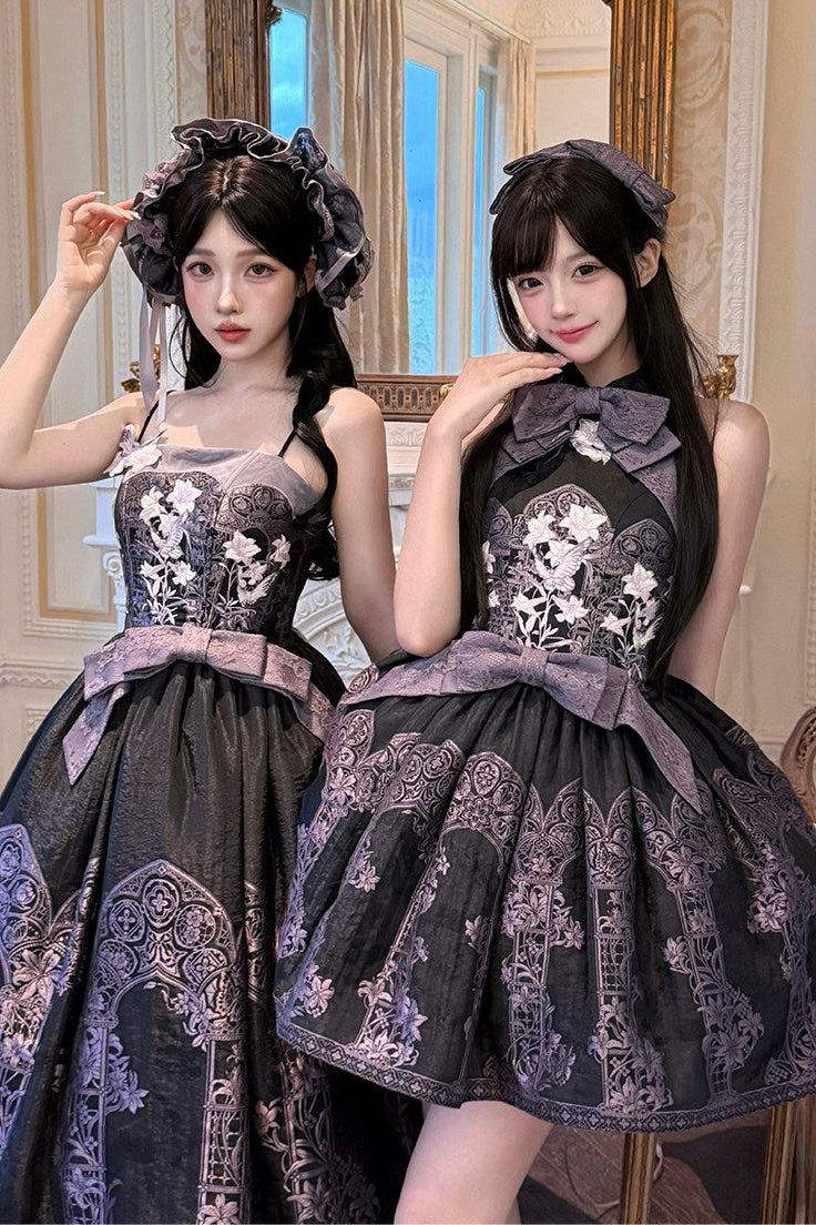 [Scadenza prenotazioni 98] Abito Lolita stile cinese con scollo all'americana, fiocco e ricamo giglio effetto vetrata, nero x viola / bianco x viola