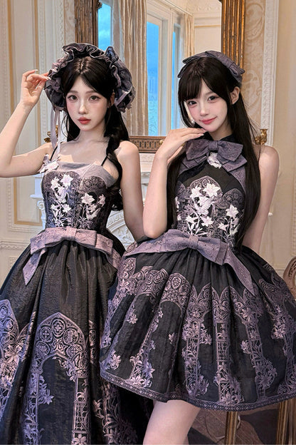 [Scadenza prenotazioni 98] Abito Lolita stile cinese con scollo all'americana, fiocco e ricamo giglio effetto vetrata, nero x viola / bianco x viola