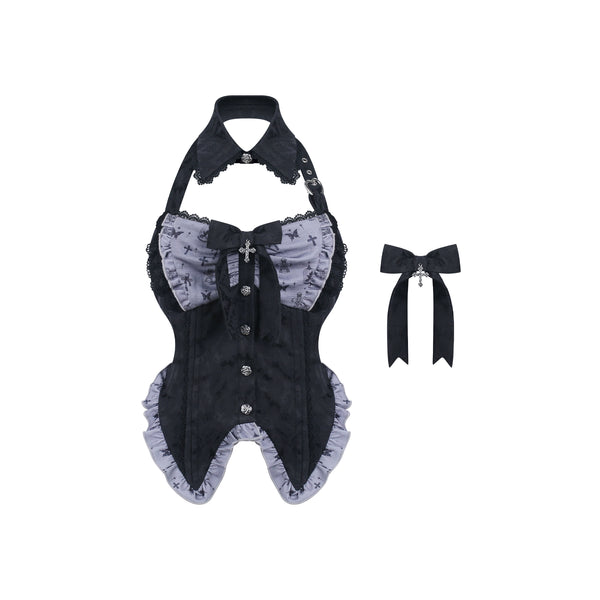 ダークナイトドールブラックプリントパッチワークリボン付きトップス+プリントスカート
