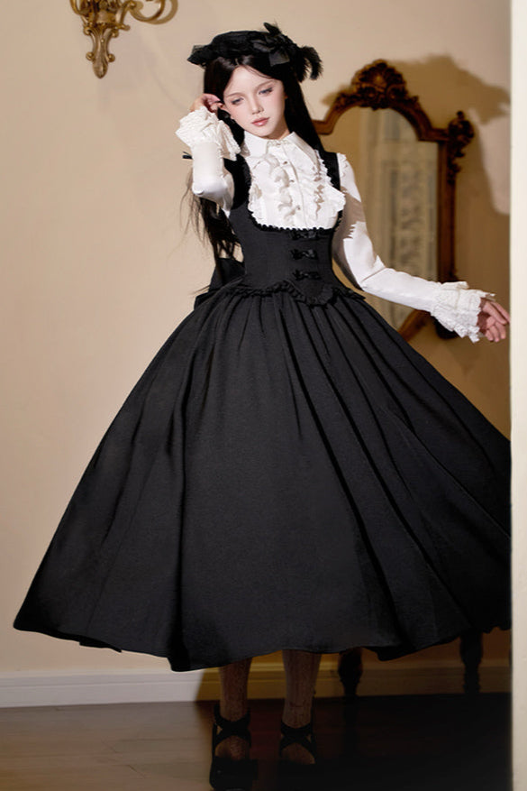 [Reservations] Dark Gothic Doll Long Suspender Lolita Skirt + Big Ribbon Tail + Ruffle Shirt + Ruffle Collar