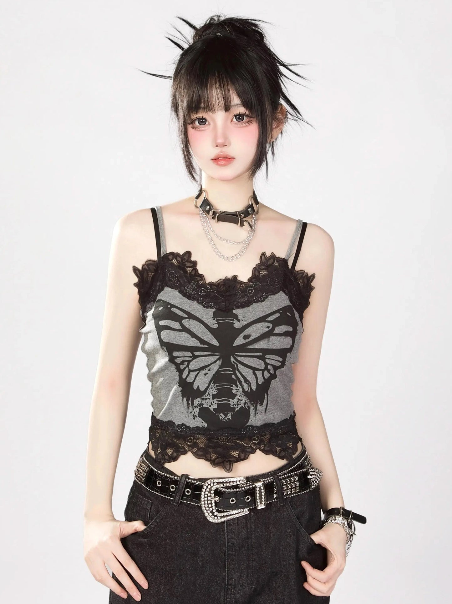 Skull Butterfly Print Lace Camisole Top