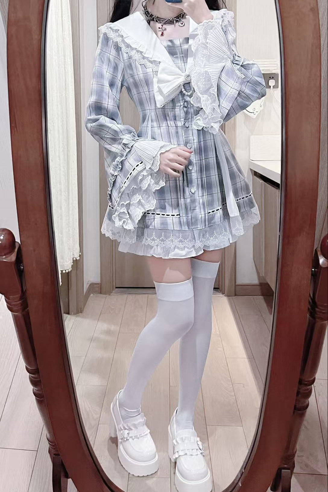 【12月24日予約締切】ゴシックセーラーカラーレースリボンチェックドレスセットアップ