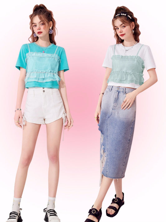 Short Pearl Logo T-shirt + Frilled Sheer Camisole Two-piece Set