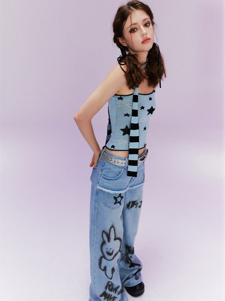 Blue Camisole Top + Skirt + Spray Art Denim Pants