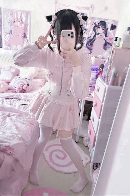 [Reservation Deadline: November 15] Pink Lace Bow Two-Way Zip Hoodie and Bubble Skirt Set with Detachable Ribbon