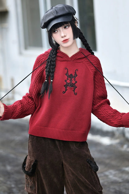 フーバットダークレッドニットフードパーカー