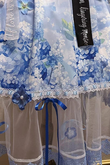 【9月29日予約締切】Blue Floral Print And Embroidered Elegant Lolita Lace JSK Dress Full Set (Overskirt, Brooch And Ribbon, Embroidered Belt, Decorative Shoulder Straps, Embroidered Accessories)
