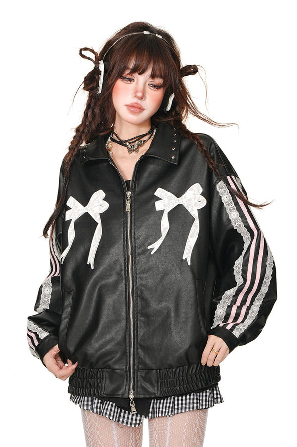 クールブラックレザーレースジャケット