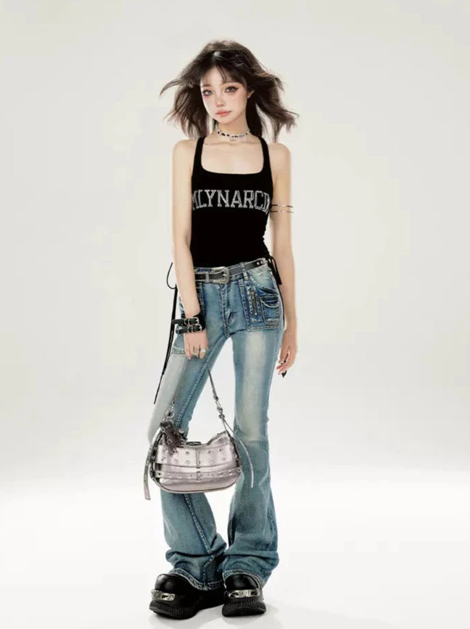 American wash damaged micro flare jeans