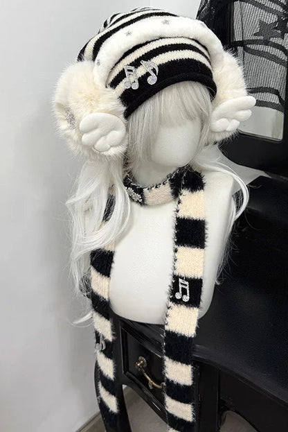 Striped knit hat + ear muffs + scarf