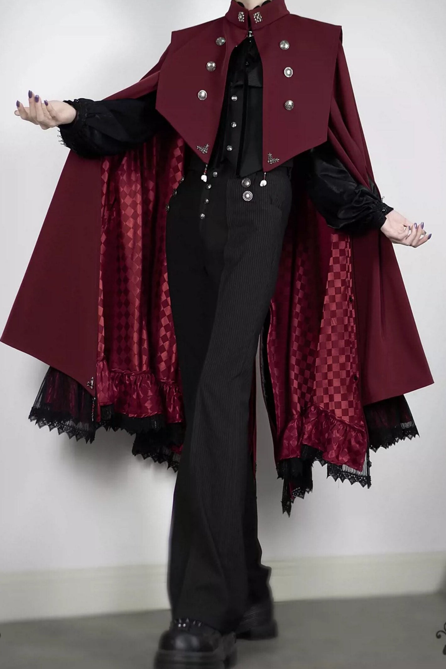 【9月5日予約締切】Dark Red/Dark Green Gothic Chain Layered Lace Cape Coat(Short Length/Long Length)