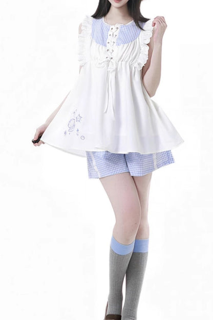 シェルパズルノースリーブトップス＋チェックショートパンツ＋バルーンドレス