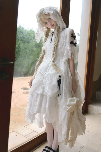 [Reservierungsschluss 18. August] Weiße Fairy-Lace-Rüschen-Lolita-Kapuzen-Shortjacke mit Hasenohren + Innenrock (Petticoat)