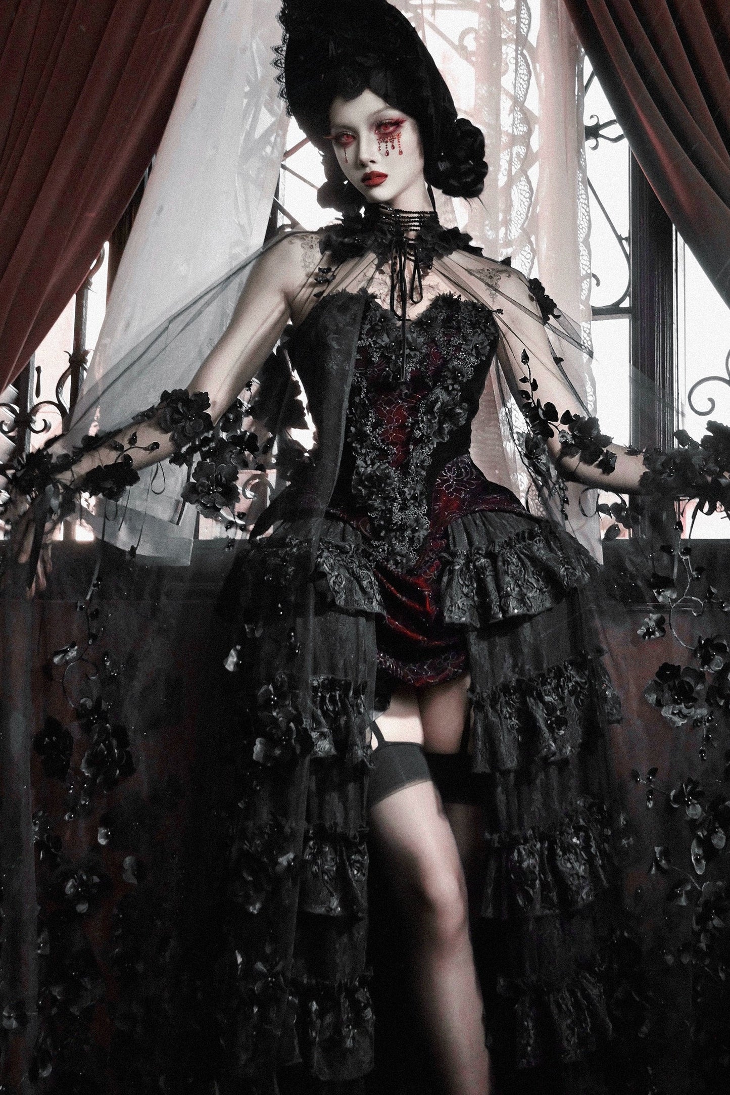 Blood supply original ◆ castle thriller gothic nail bead embroidered hooded cape jacket Halloween winter