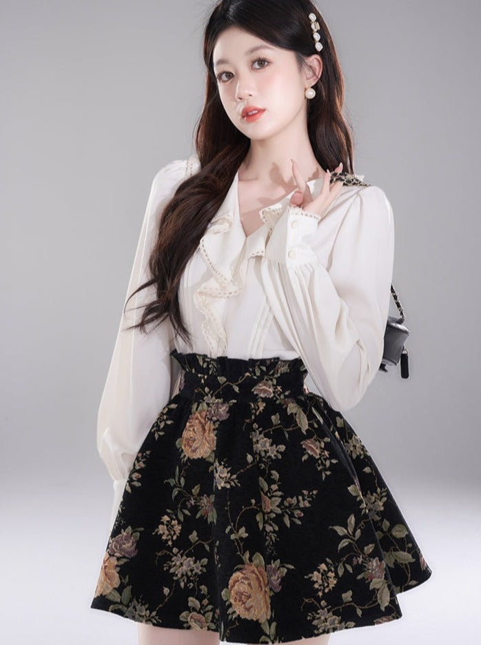 French Style Ruffle Collar Shirt + Retro Flared Skirt