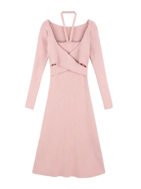 Halter Neck Knit Faux Two Piece Slim Knit Dress