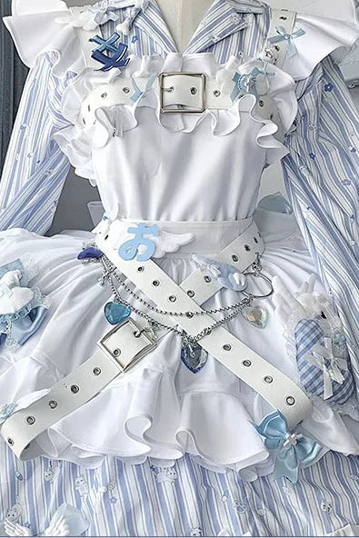 【11月5日予約締切】Blue White Striped Medical Lolita Nurse Sickly Kawaii Dress Suit Full Set (Shirt + Skirt + Apron + Back Ribbon + Leg Covers)