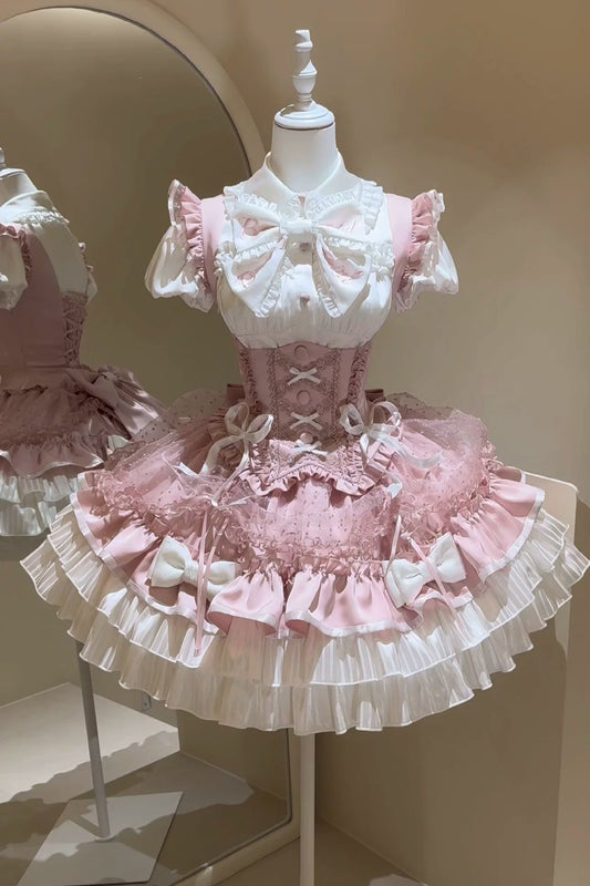 【5月12日予約締切】ピンクホワイトスイートロリータアイドルリボンパフスリーブシャツ＋コルセットチュールプルアップJKSドレスセットアップ