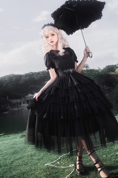 Dark Black Lolita Dress + Inner + Suspender Dress + Veil + Hairband + Belt + Sleeves