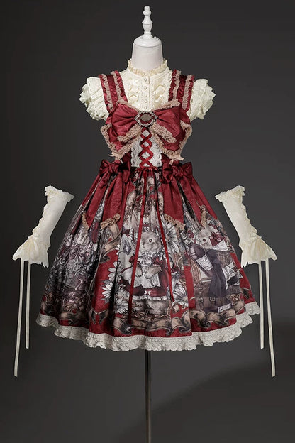[Date limite de précommande : 7 août] Ensemble complet robe JKS vintage rouge à imprimé lapin histoire avec ruban antique + chemise à volants + manchettes lacées