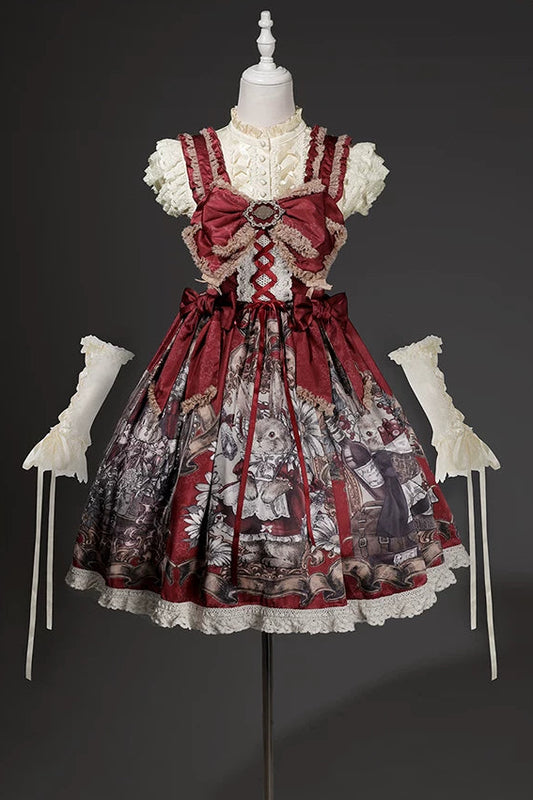 [Reservierungsschluss 7. August] Vintage-Rot Story-Rabbit-Print Antik-Schleifen-JKS-Kleid + Rüschenbluse + Schnür-Armstulpen Komplettset