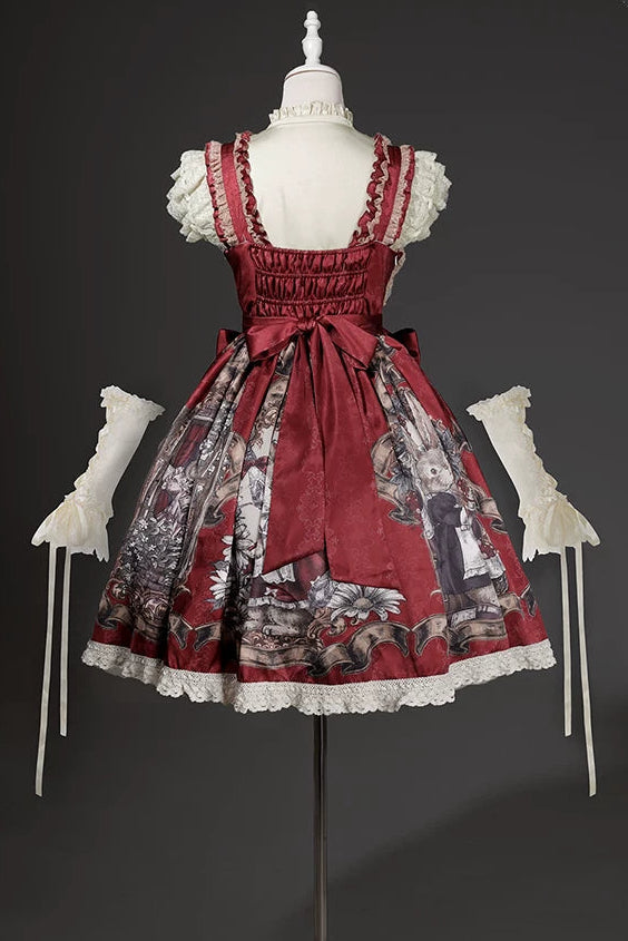 [Date limite de précommande : 7 août] Ensemble complet robe JKS vintage rouge à imprimé lapin histoire avec ruban antique + chemise à volants + manchettes lacées