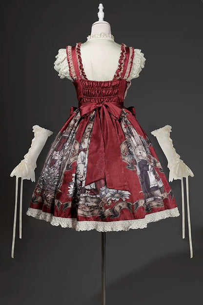 [Date limite de précommande : 7 août] Ensemble complet robe JKS vintage rouge à imprimé lapin histoire avec ruban antique + chemise à volants + manchettes lacées
