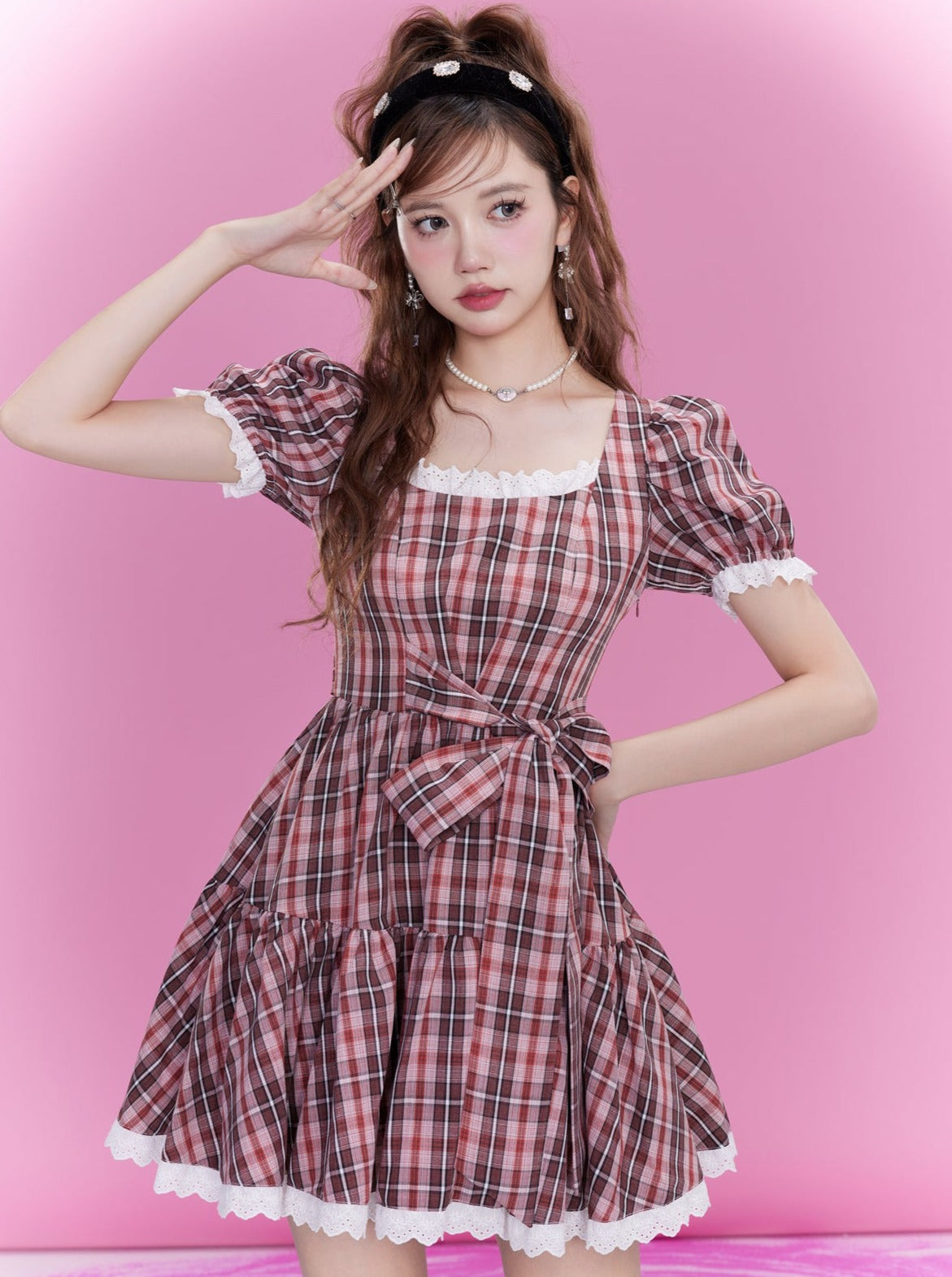 Red Check West Ribon Square Air Color Puff Sleeve One Piece