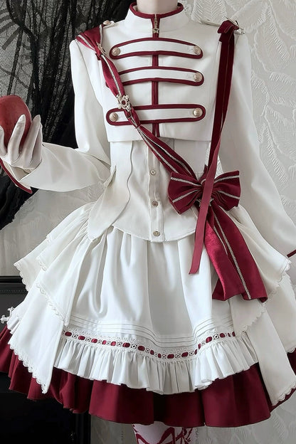 【9月13日予約締切】White Burgundy Military Ruffle Lolita Jacket (with epaulet bow) + Shirt + Short Skirt Set / Shorts Set + Complete set 1/2 (Officer cap + Leg covers + Sash)