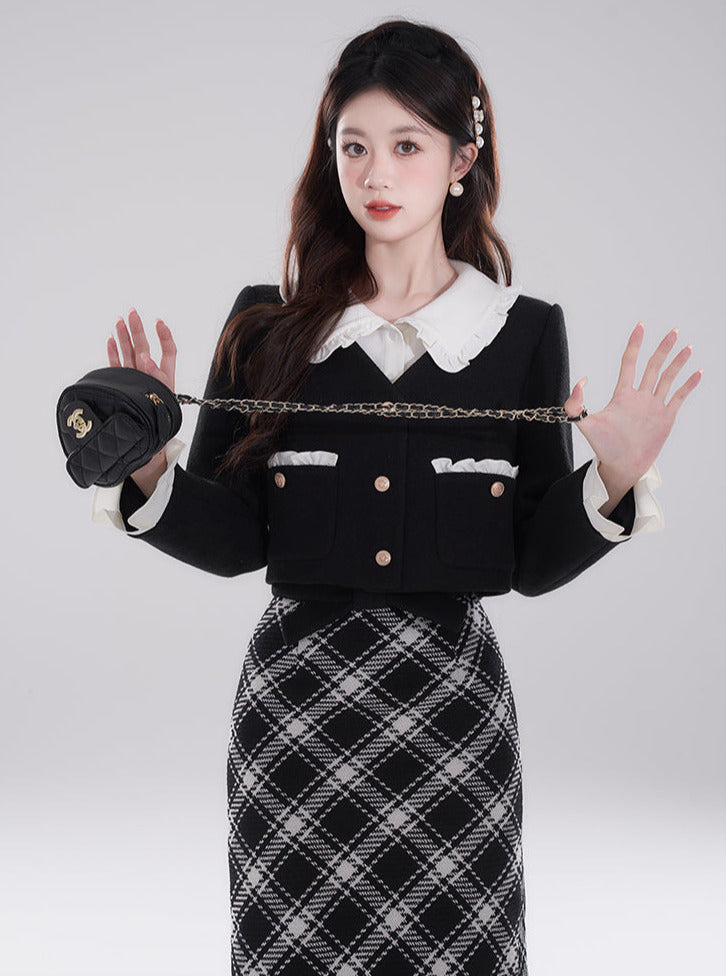 High-end ruffle collar layered short padded jacket + checked skirt