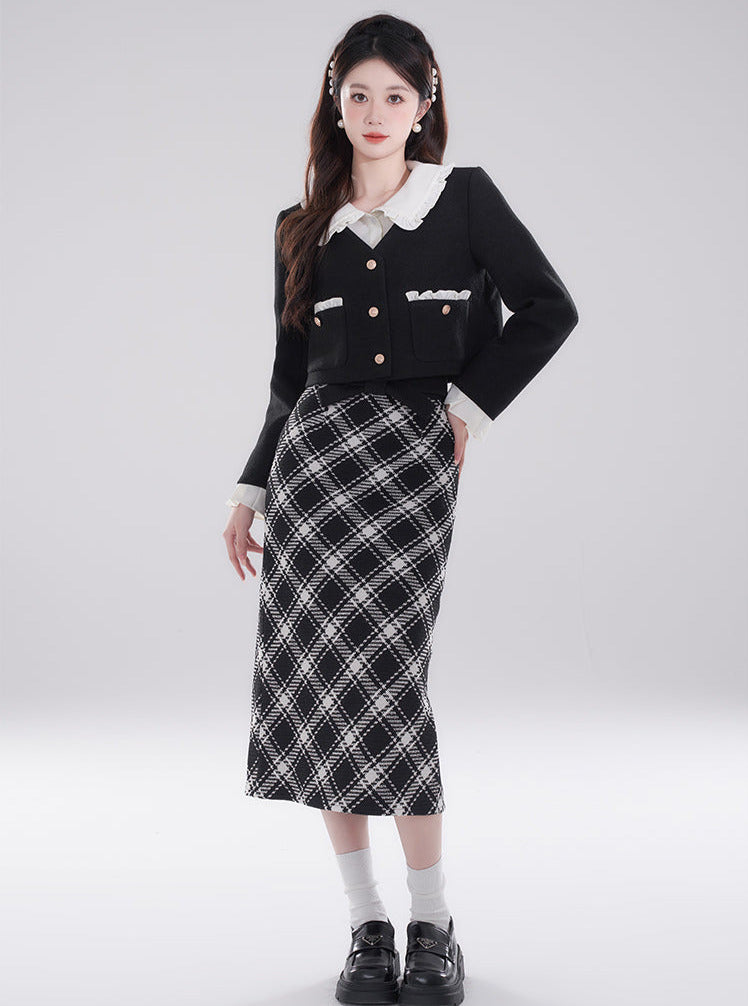 High-end ruffle collar layered short padded jacket + checked skirt