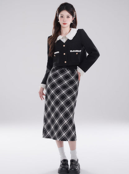 High-end ruffle collar layered short padded jacket + checked skirt