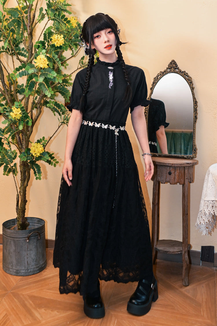 コットンススタンドカラーブラックスリムシャツ