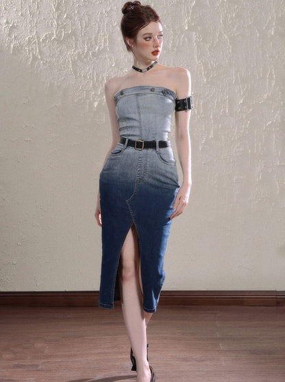 Tube Top Mid Length Summer Denim Dress