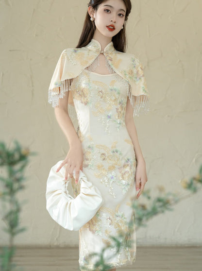 Retro Elegant Dress + Flower Shawl