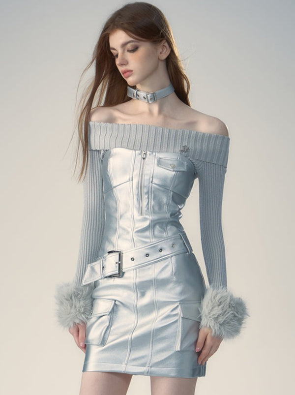 ガールノースリーブチューブトップベルトレザーシルバーワンピース